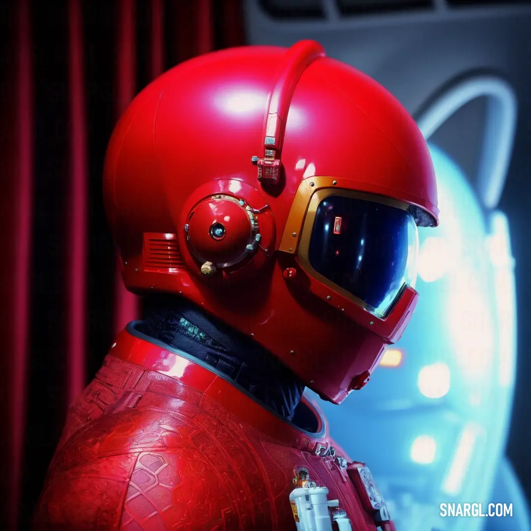 Red helmeted man in a red space suit and helmet with a red light behind him