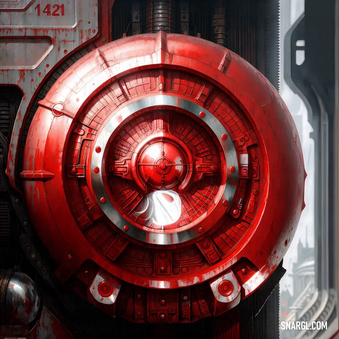 Red object with a circular design on it's side in a futuristic setting with a city in the background