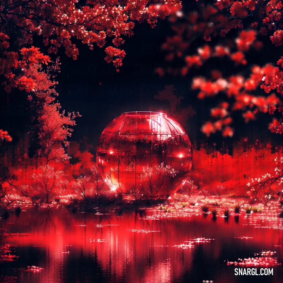 Red sphere in the middle of a pond surrounded by trees and water lilies with red lights on them