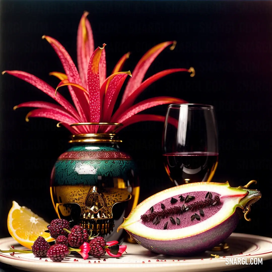 Skull is next to a glass of wine and a fruit bowl on a plate with a flower