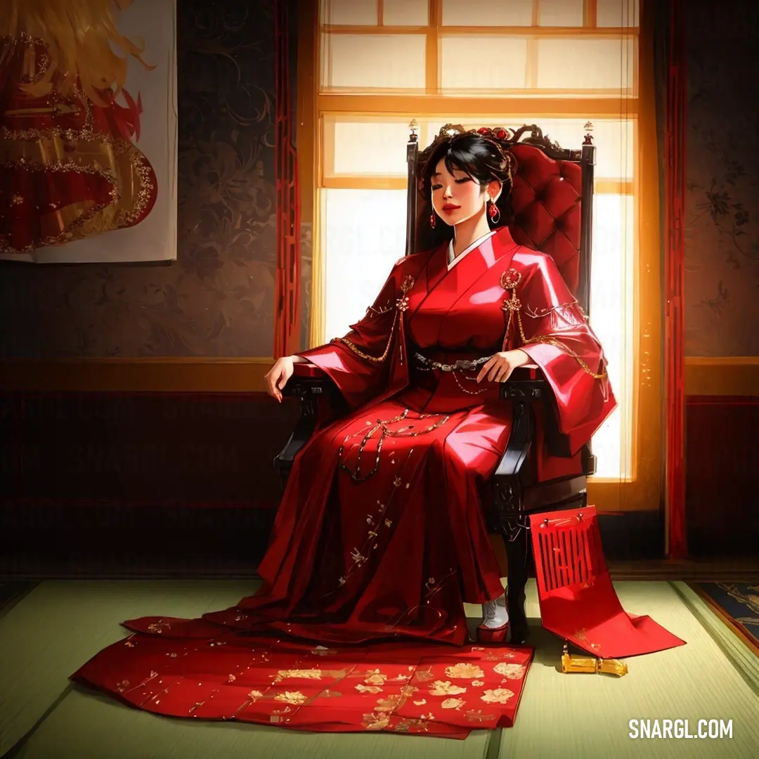 Woman in a red dress on a chair in a room with a red carpet