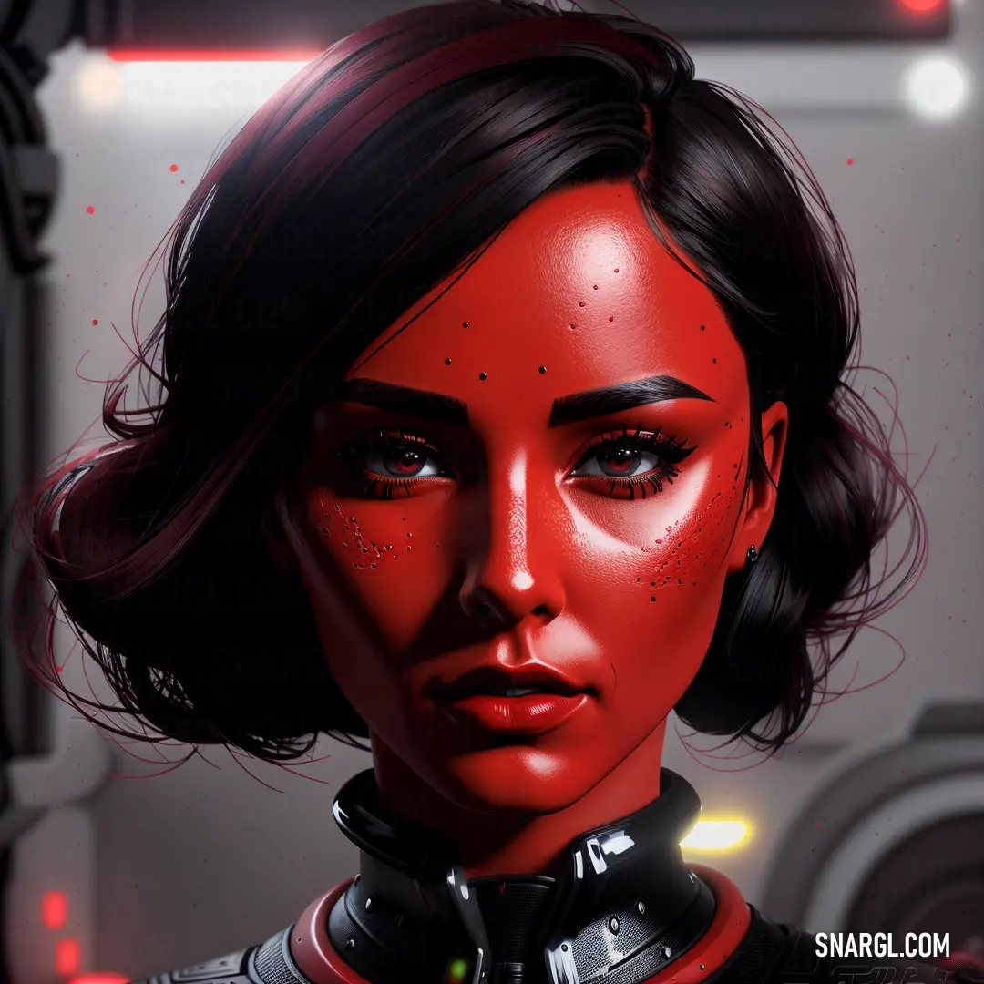 Woman with a red face and black hair wearing a red collared top and a sci - fi helmet