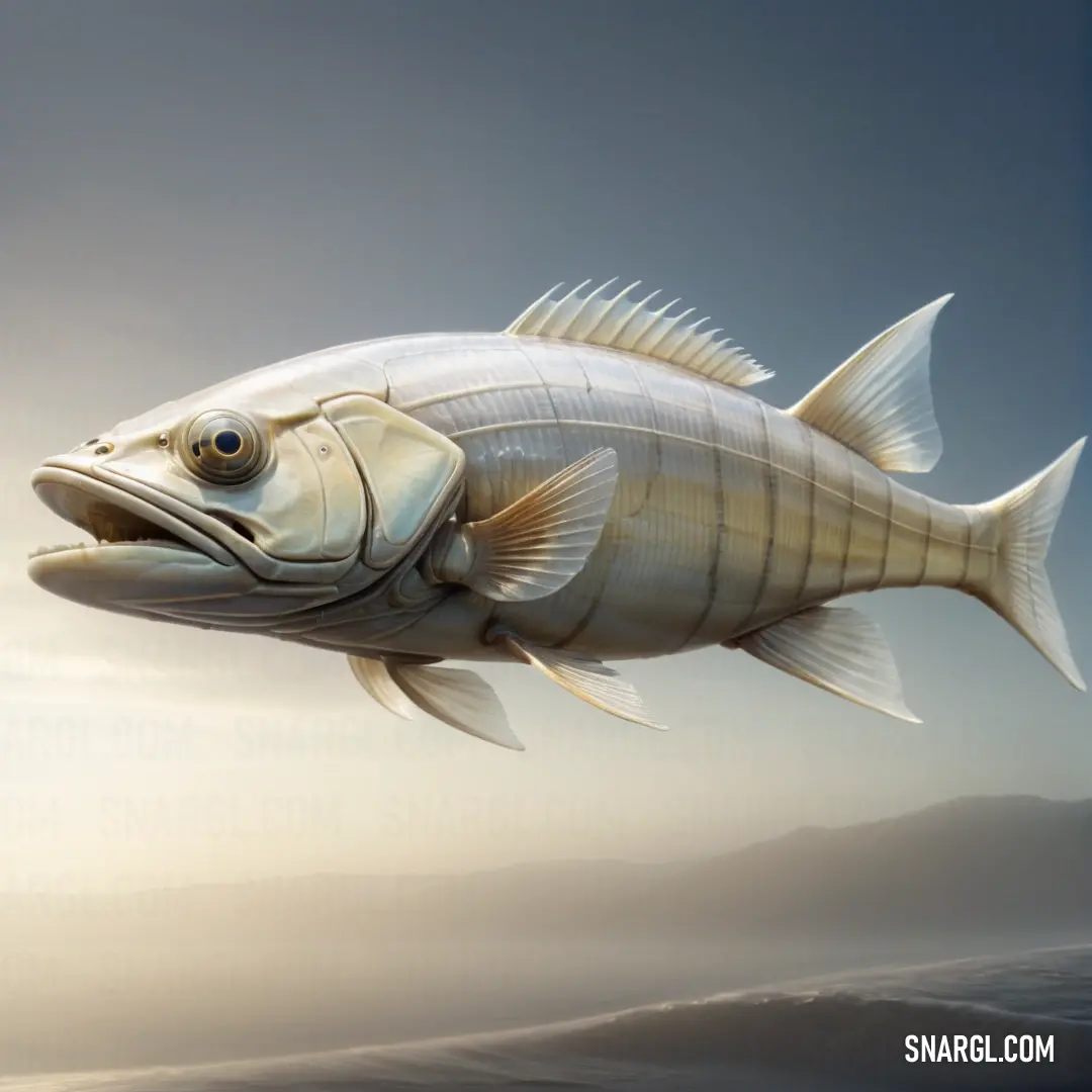 A fish soars through the air against a clear blue sky, its fins spread wide as if it’s defying gravity, creating a surreal and whimsical moment of flight.
