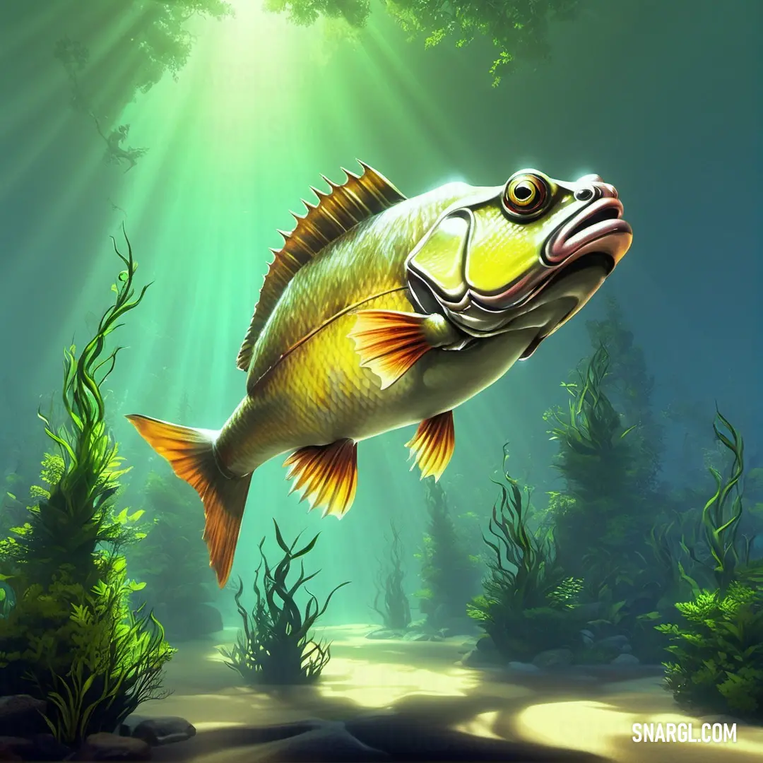 A fish glides through the crystal-clear waters of a serene lake, surrounded by lush plants and towering trees. Sunlight streams down from above, casting a warm glow on the water’s surface.
