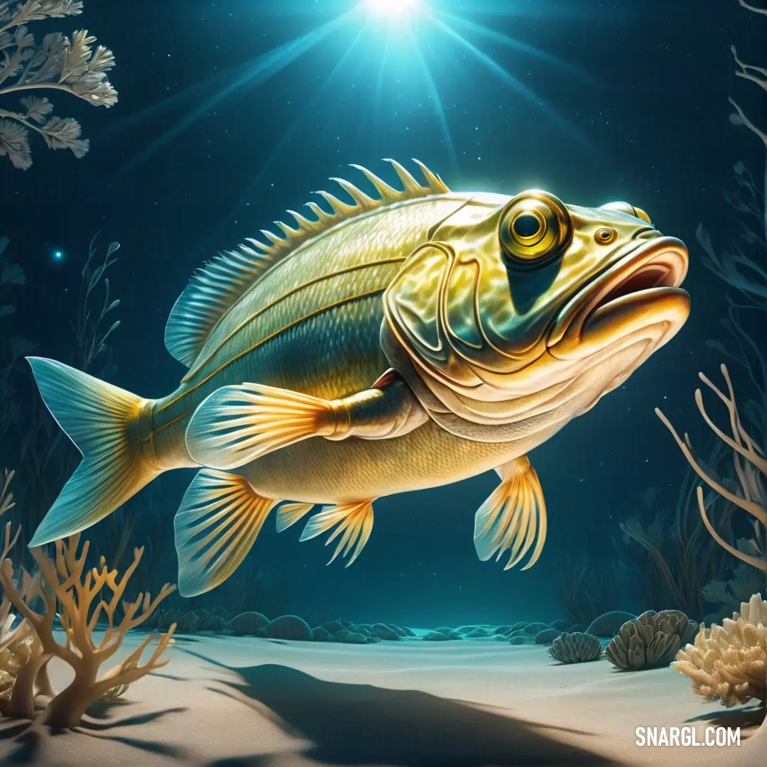 A fish swims gracefully through the dark waters, with vibrant corals and swaying seaweeds illuminated by a bright light. The contrast between the dark surroundings and the glowing fish creates a captivating scene.