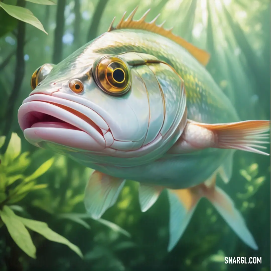 A unique fish with a large mouth and expressive eyes swims through the water, surrounded by lush plants and trees in the background. The scene is full of life and color, capturing the wild energy of the underwater world.