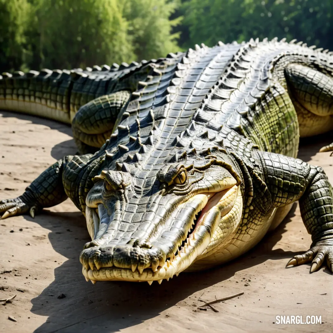 Large alligator laying on the ground with its mouth open and tongue out