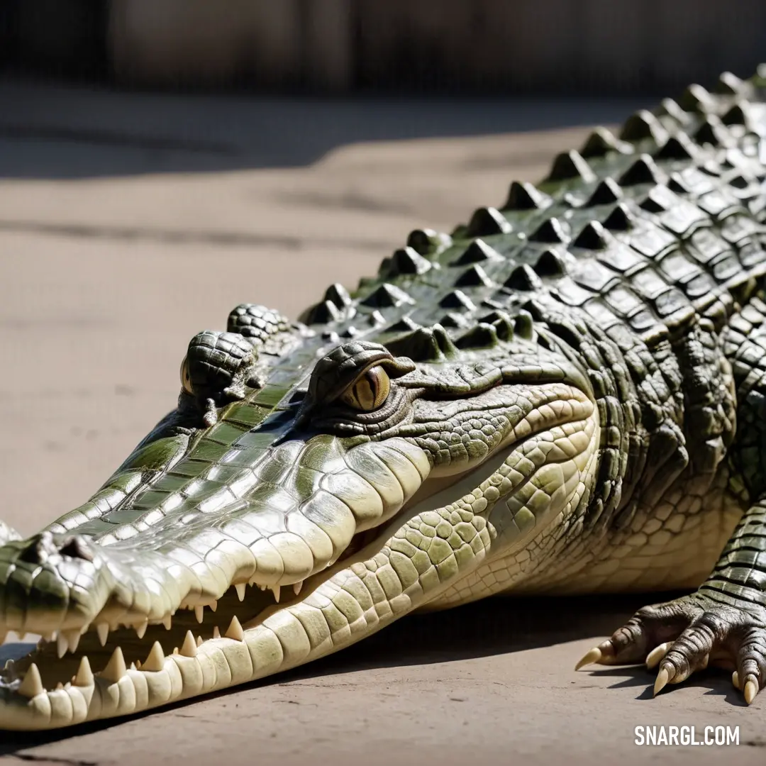 Large alligator laying on the ground with its mouth open and eyes closed
