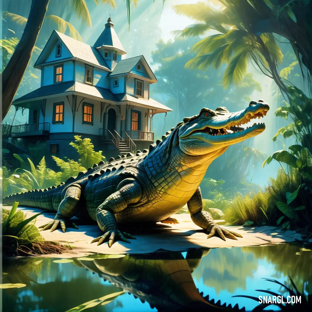 Large alligator on top of a body of water next to a house and trees in the background