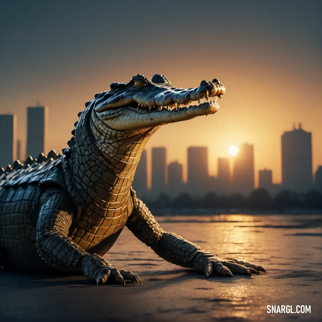 Large alligator statue on top of a body of water in front of a city skyline at sunset