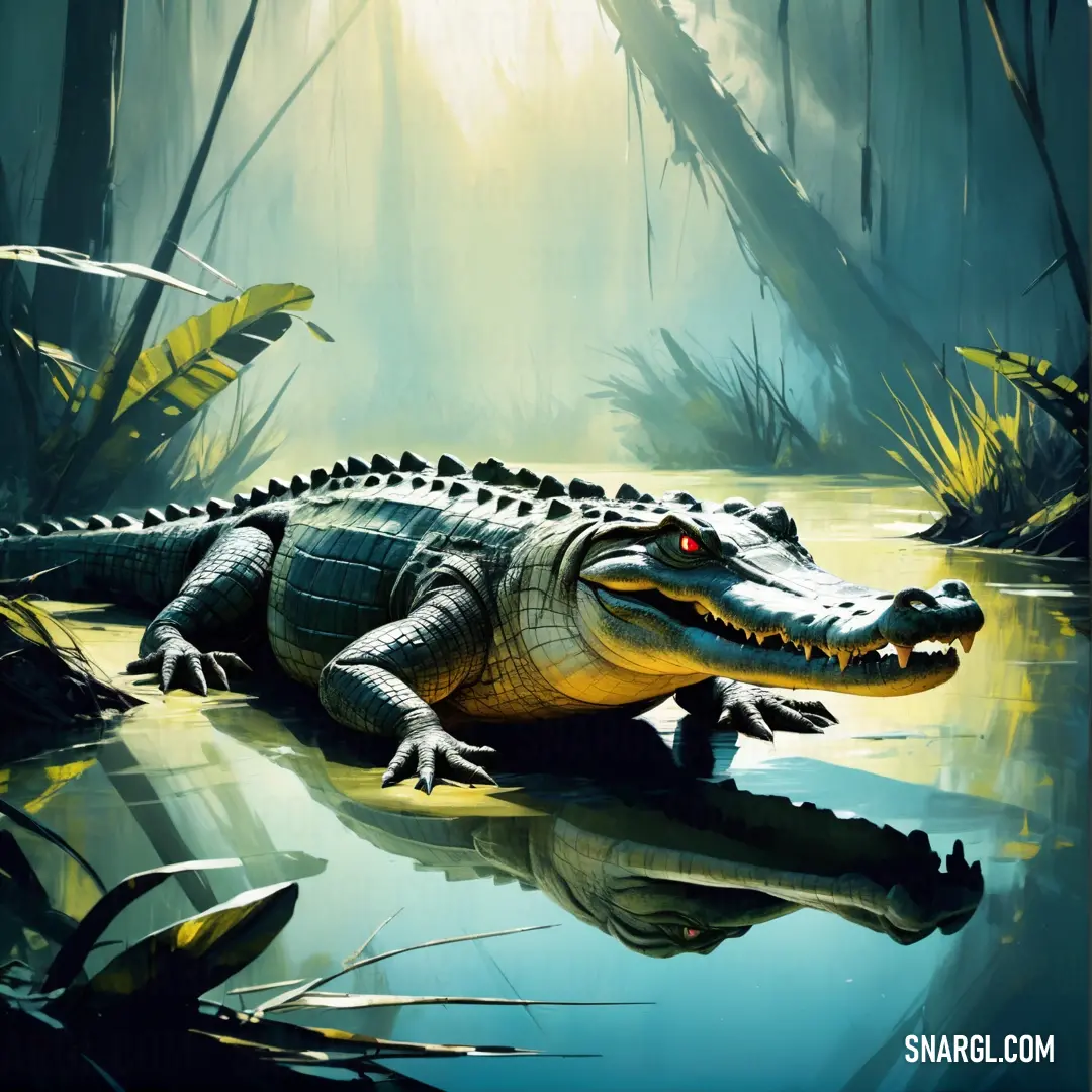 Painting of a crocodile in a swampy area with trees and plants around it