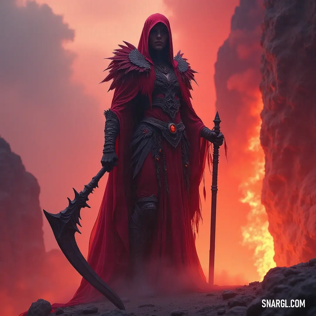 An enigmatic warrior in a crimson cloak brandishes a sword against a backdrop of molten lava, exuding fierce strength and courage. An enigmatic warrior in a striking red cloak wields a sword, standing defiantly with a volcanic landscape blazing behind him, ready to confront any peril with unmatched bravery and strength.