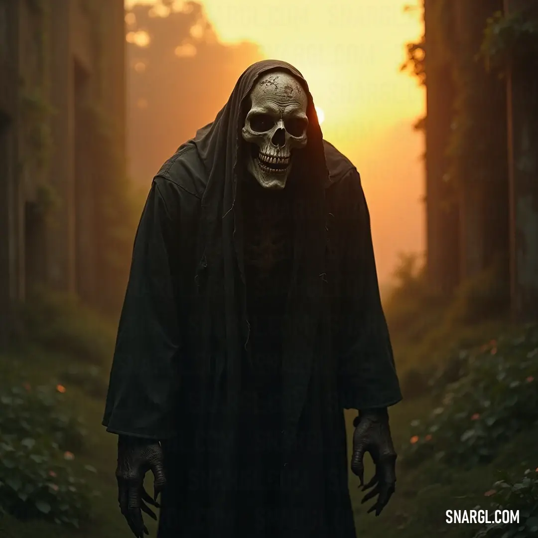 A mysterious Crypt Keeper draped in a black robe walks serenely through a sunset-kissed forest, blending with the natural magic that surrounds him. Beneath the warm glow of a sunset, a Crypt Keeper clad in a flowing black robe navigates a serene forest, his presence blending seamlessly with the enchanting scenery, evoking a sense of mystery and ancient wisdom.