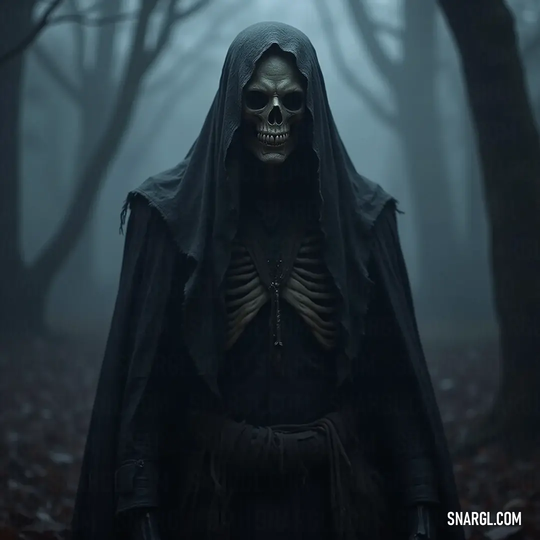 An enigmatic Crypt Keeper clad in a hooded costume lurks in a dark forest, embodying the mysteries of the shadows that surround him. In a shadowy forest, a hooded Crypt Keeper stands still among the fallen leaves, his enigmatic figure rich with history, captivating the hearts of those who find themselves in his spectral presence.