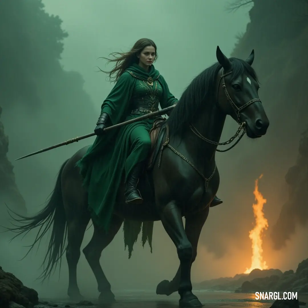 A ghostly entity in a green gown riding a spirited horse through a forest with a backdrop of flickering flames. A spectral figure enveloped in a shimmering green gown commands a powerful horse amidst a dense forest, with an aura of flames flickering ominously behind them, creating an ethereal scene filled with mystery.