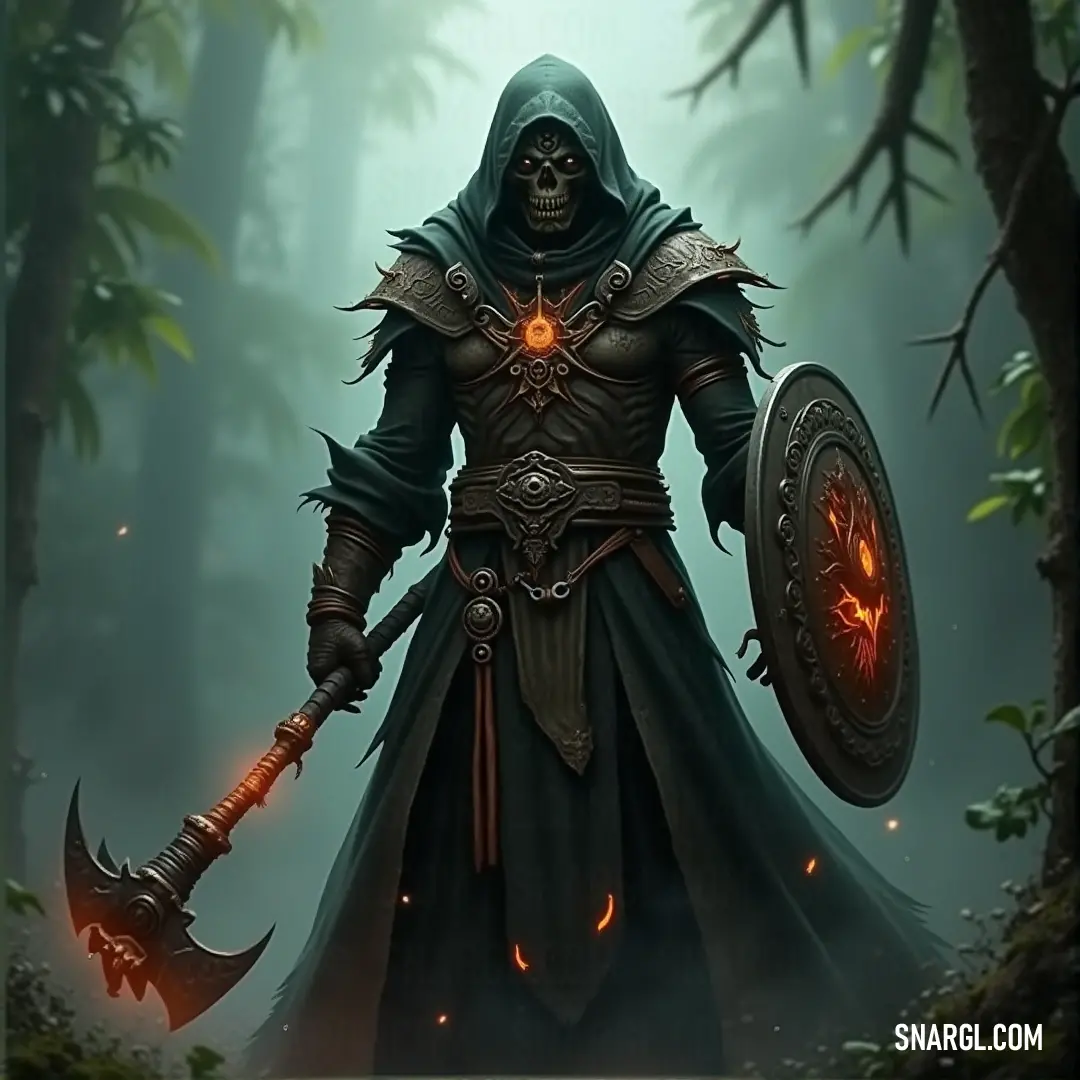 The Crypt Sorcerer, wearing a hooded cloak and armed with a sword and shield, stands bravely in a foggy forest, as shadows and ancient trees loom around him. A mysterious Crypt Sorcerer dressed in a dark hooded outfit grips both a sword and a shield as he stands in the heart of a fog-covered forest. The trees behind him are barely visible through the creeping mist, adding an air of danger and suspense.