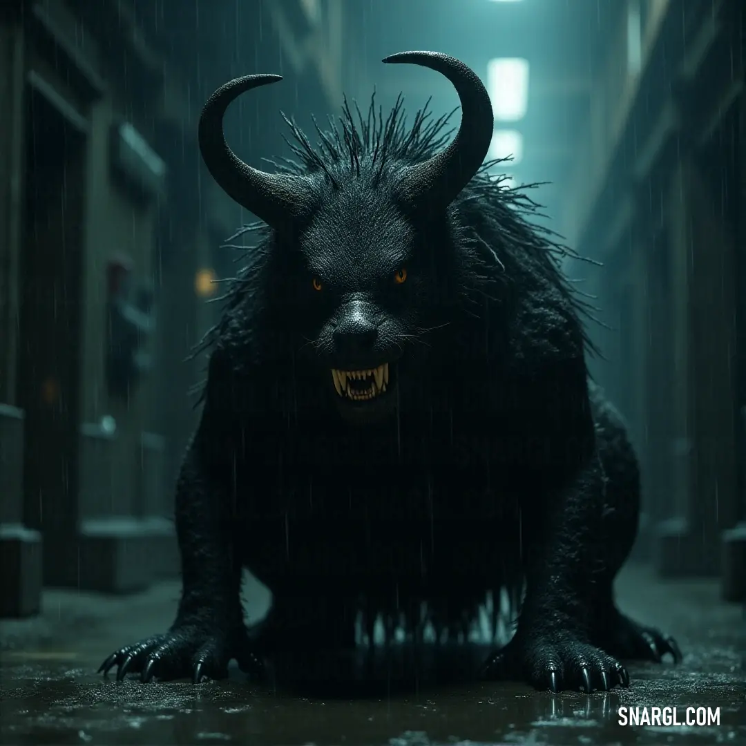 A dark Chupacabra with menacing horns and fangs moves stealthily across a shadowy alley, illuminated only by the distant light of a lone streetlamp. A black, cryptic Chupacabra with sharp horns and fearsome fangs crawls on the ground in a dim alley. The faint glow of a streetlight casts eerie shadows, highlighting its terrifying features and making it seem all the more menacing in the dark.