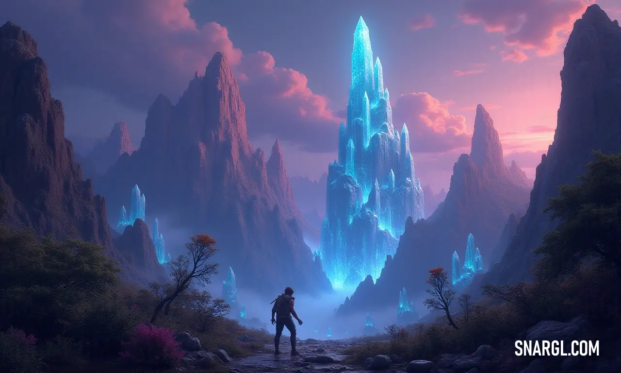 A solitary figure stands mesmerized by the stunning view of a magnificent blue waterfall running through a serene mountain valley, inviting a moment of reflection and appreciation of nature's beauty. A lone man gazes intently at a breathtaking blue waterfall cascading down the rocky mountain valley, surrounded by lush landscapes that seem to encapsulate the essence of tranquility and awe.