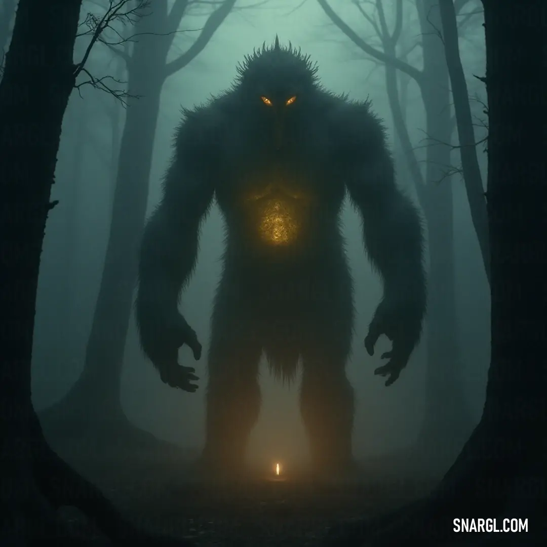 Enigmatic Bigfoot captivates the night, illuminated by an eerie glow amidst towering trees. A mysterious creature known as Bigfoot looms majestically in a shadowy forest, its luminous eyes piercing through the darkness as a beam of light highlights its imposing figure.
