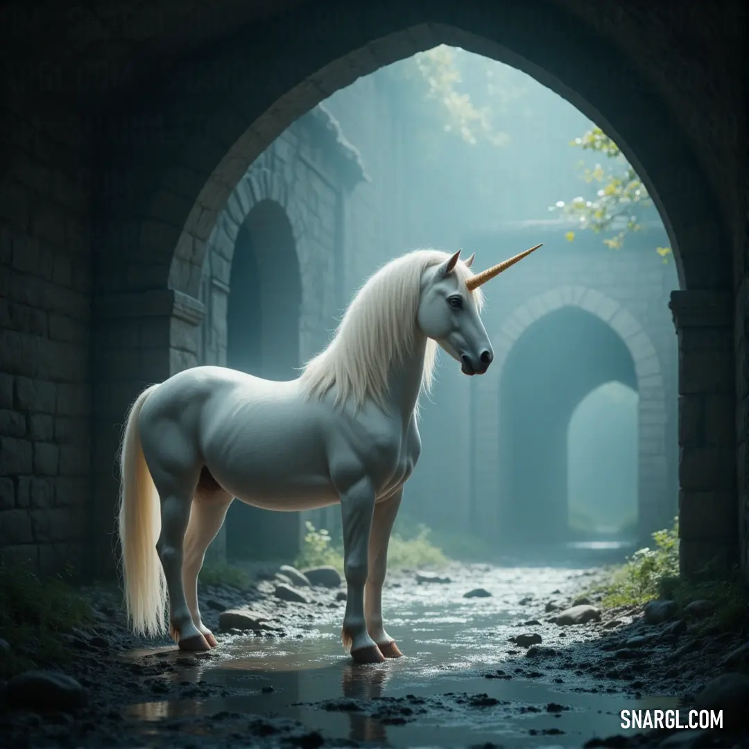 The White Crystal Steed stands in a glowing tunnel, a stream flowing gracefully before it, as light reflects off its crystal-like coat, creating a serene atmosphere. A stunning White Crystal Steed stands proudly in a glowing tunnel, its elegant figure reflected in the clear stream flowing at its feet, while beams of light illuminate the mystical surroundings.