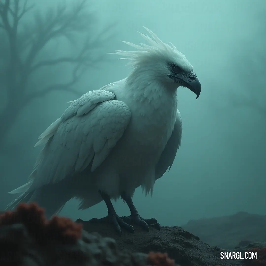 A striking White Crystalfeather stands atop rocks in a foggy forest, its delicate features highlighted in an enchanting display of nature's allure. A remarkable White Crystalfeather stands poised on a rocky perch in a foggy forest, its long beak and gleaming feathers illuminated subtly by the mist, creating an atmosphere rich in mystery and wonder, drawing the viewer in.
