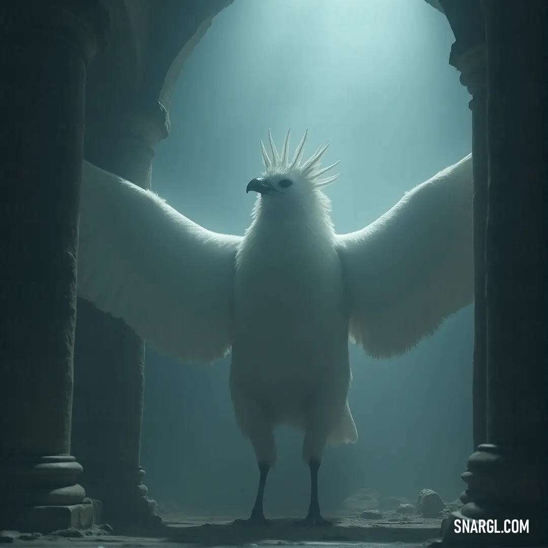 Regal and mesmerizing, the White Crystalwing, crowned and poised in a magnificent doorway, evokes a sense of wonder amid the grace of architectural splendor surrounding it. Standing majestically in a grand doorway, a White Crystalwing adorned with a regal crown captivates all with its exquisite features, framed by elegant columns and pillars that elevate its natural beauty.