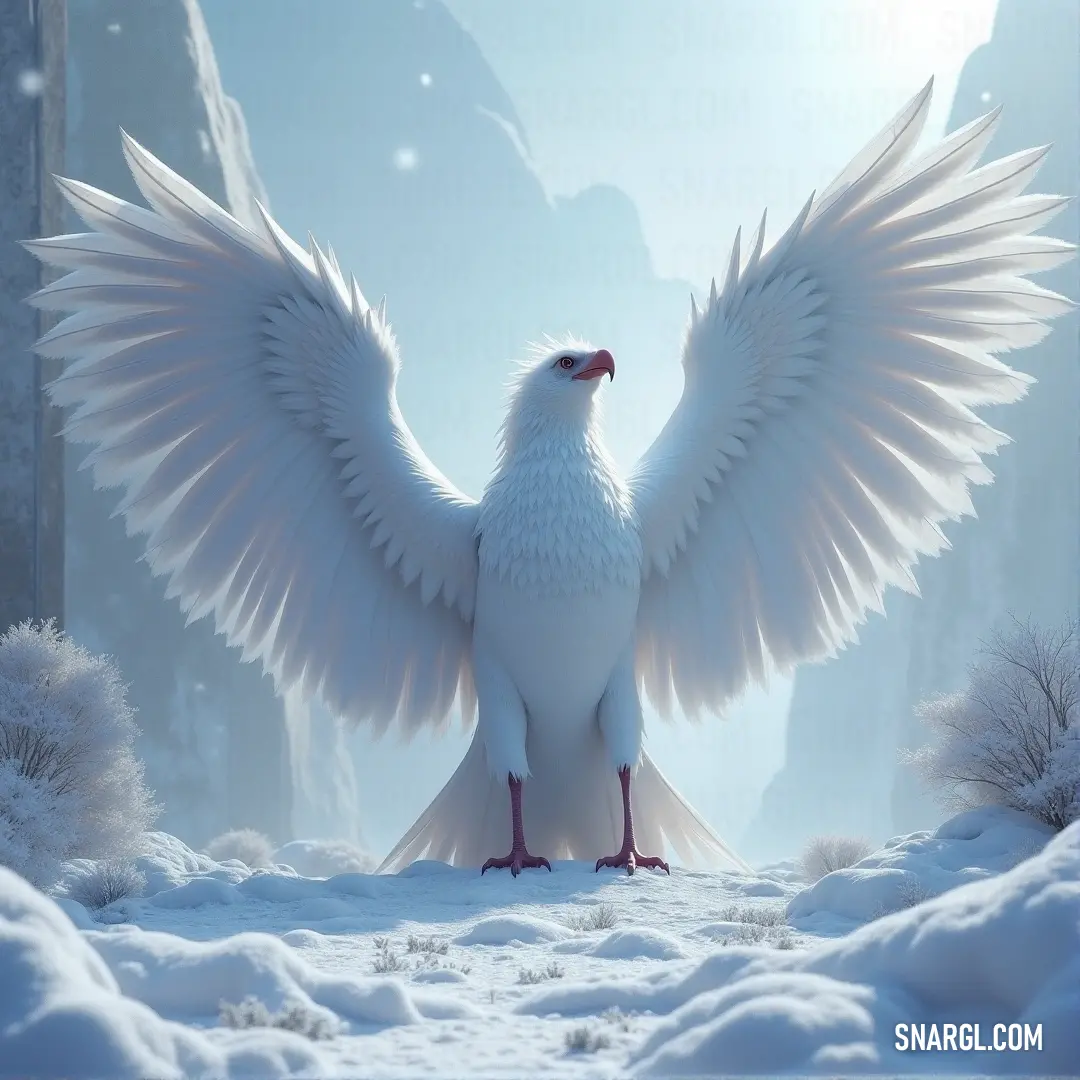 White Crystalwing with wings spread in a snowy landscape, with towering mountains in the distance, creating a stunning winter scene. A white Crystalwing with its wings spread wide stands in the snow, the cold winter air swirling around it as majestic mountains rise in the distance, completing the serene yet powerful scene.