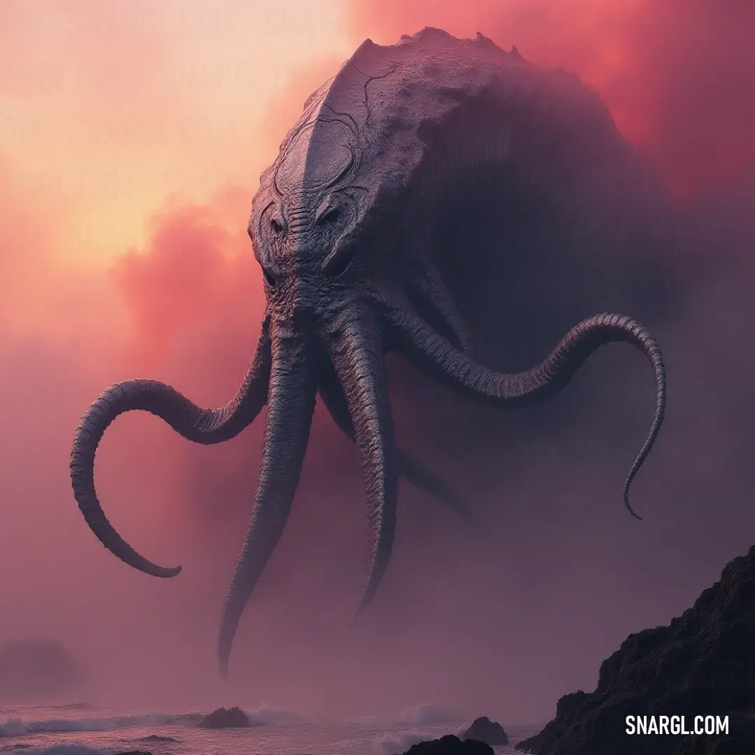 A colossal Cthulhu looms on a rock amidst the ocean, framed by a surreal pink sky. The atmosphere is filled with an ancient, mysterious energy, evoking fear and wonder. Cthulhu, towering and otherworldly, stands upon a jagged rock surrounded by the ocean's vastness. A soft pink sky casts an eerie glow, enhancing the ominous, cosmic presence of this mythical figure.