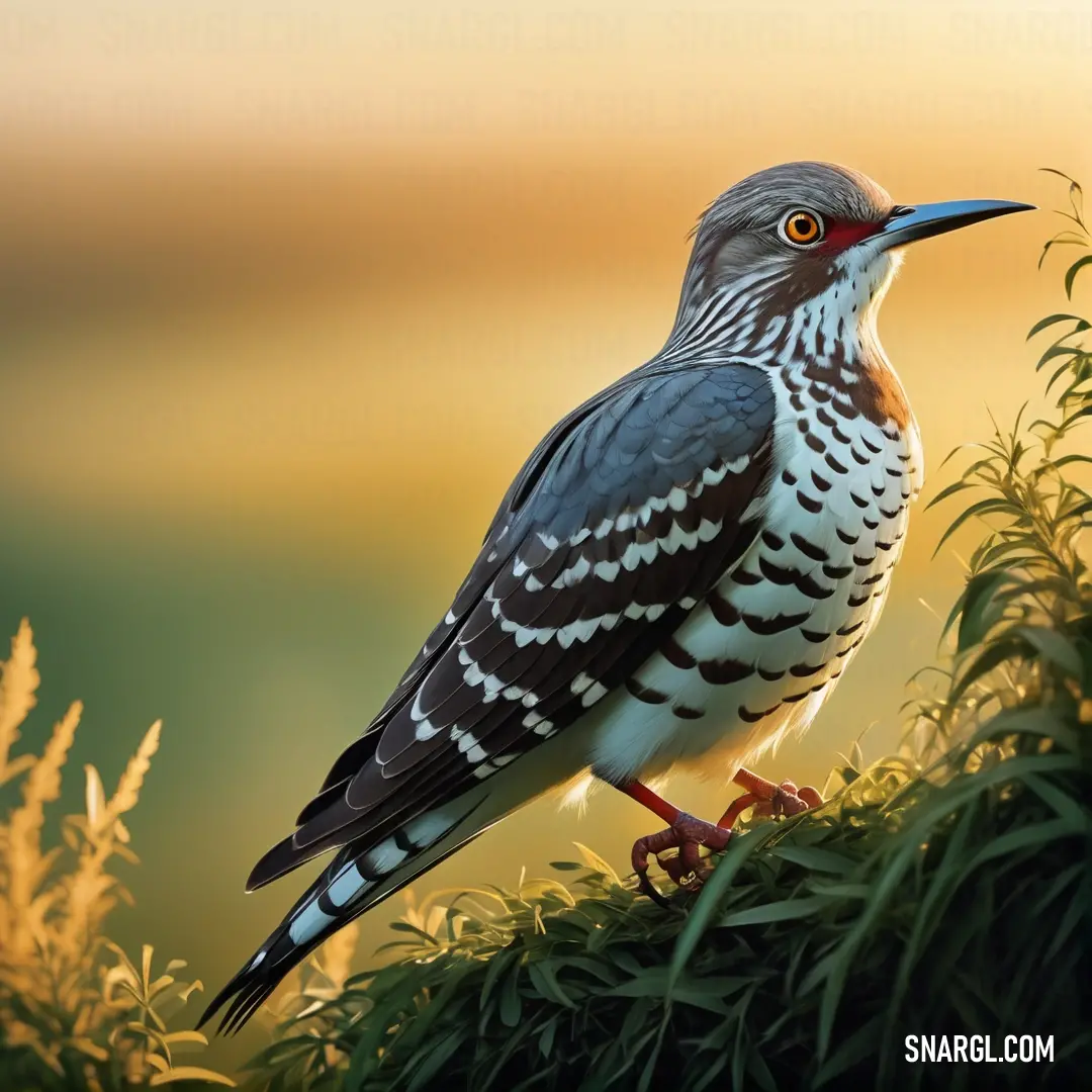 Cuckoo is perched on a tree branch in the sun light of the setting sun behind it is a blurry background