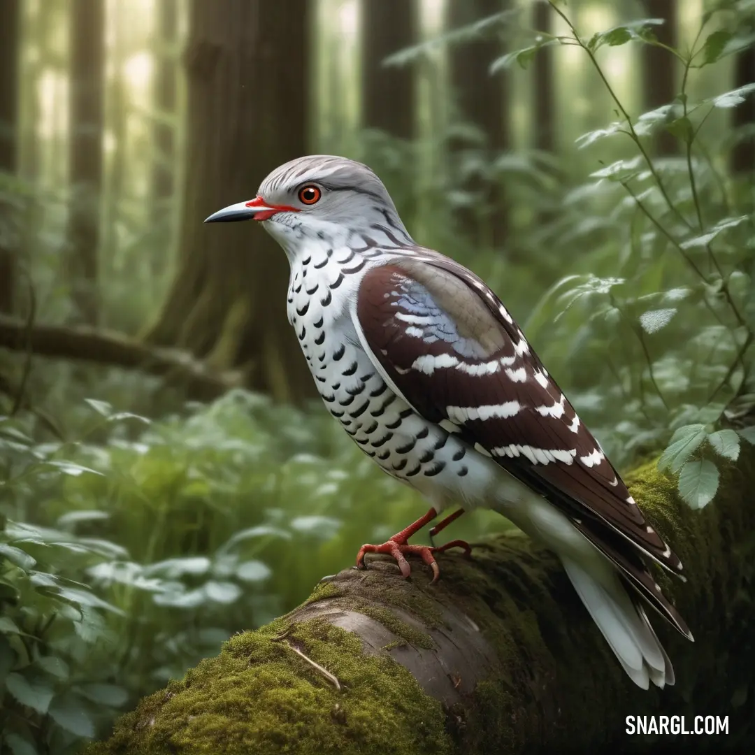 Cuckoo is perched on a tree in the woods with ferns and moss growing around it