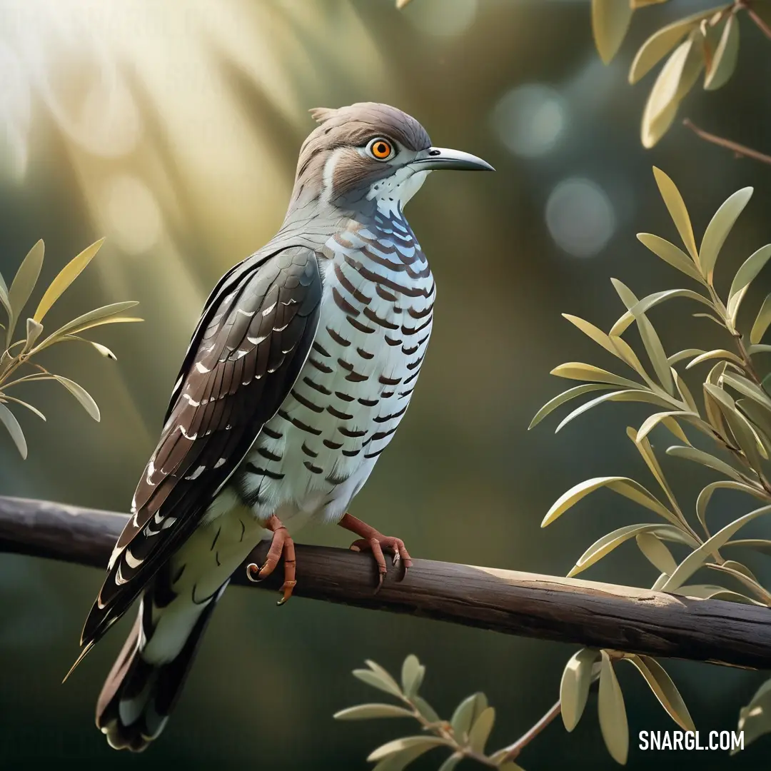 A cuckoo perched on a branch, its neck adorned with leaves as it gazes into the distance with wide, alert eyes. The contrast of its sharp focus against the soft green surroundings creates a captivating moment of harmony between the bird and nature.