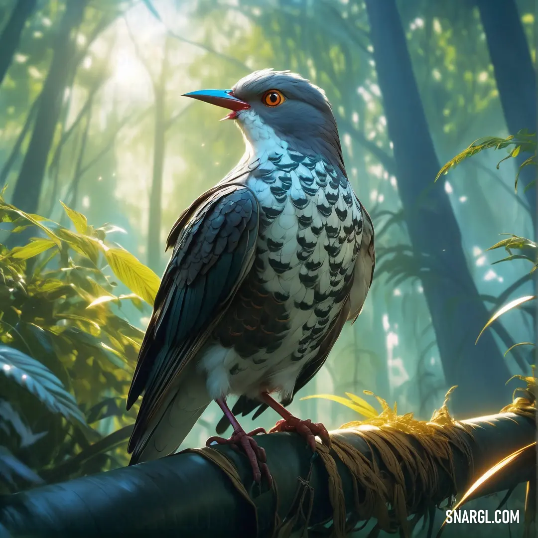 Cuckoo on a branch in a forest with trees and grass in the background