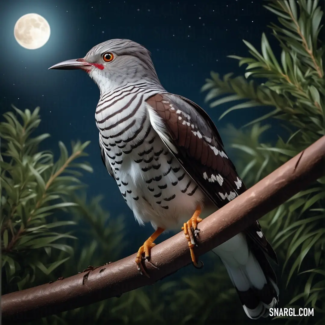 Cuckoo perched on a branch with a full moon in the background