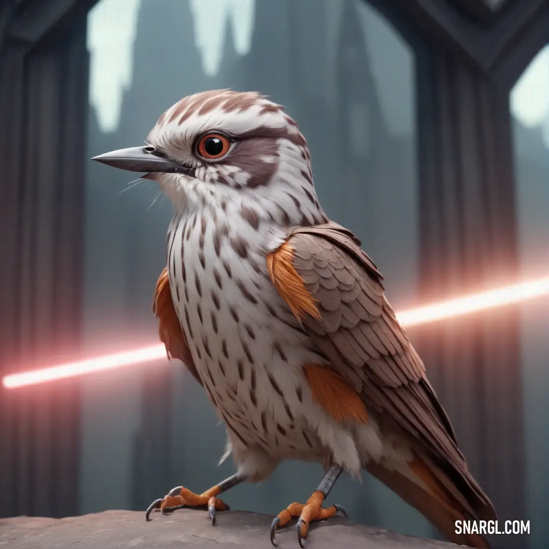 Cuckoo with a light saber in its beak on a rock with a building in the background