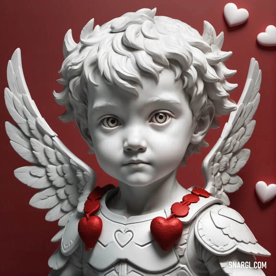 White statue with red hearts around it's neck and wings on a red background