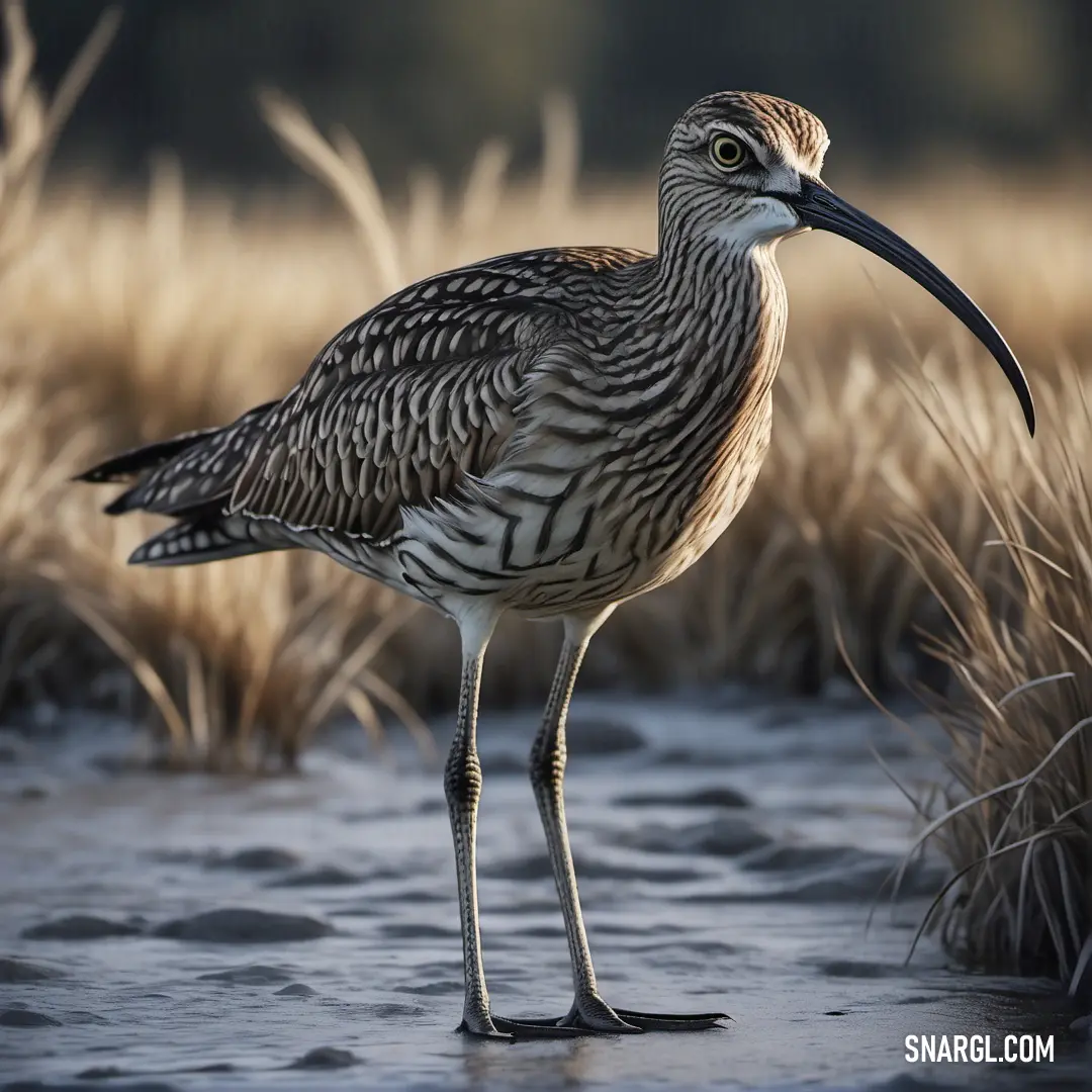 Curlew standing in a marshy area with tall grass in the background
