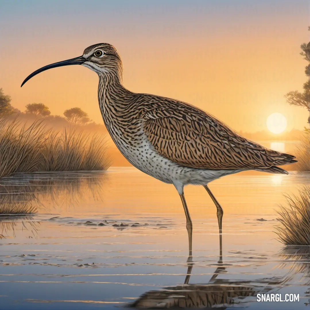 Curlew standing in the water at sunset with a long beak and long legs