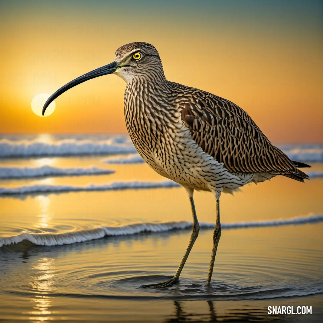 Curlew standing in the water at the beach at sunset with a long beak and long legs