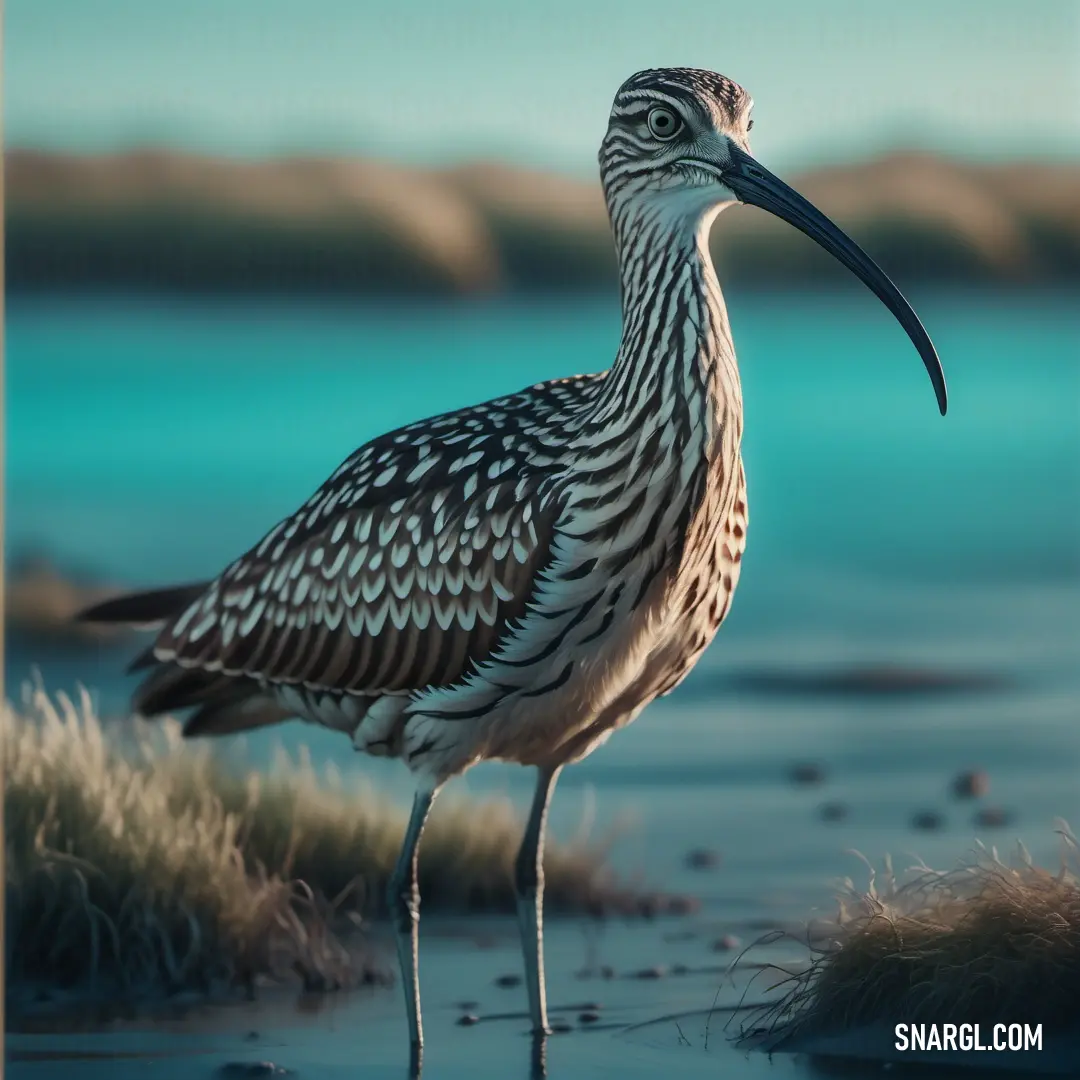 Curlew standing on a beach next to a body of water with a long beak and long legs