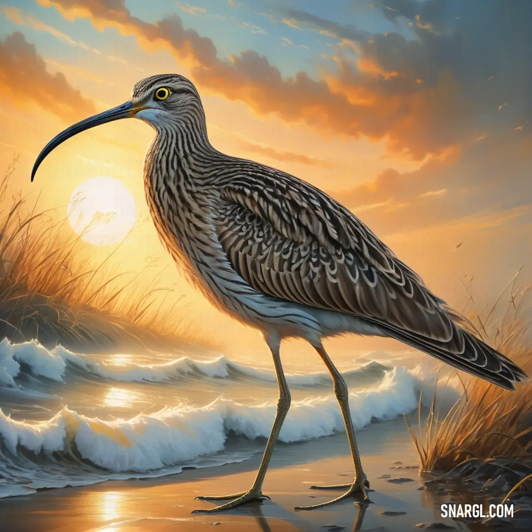 Curlew standing on a beach next to the ocean at sunset