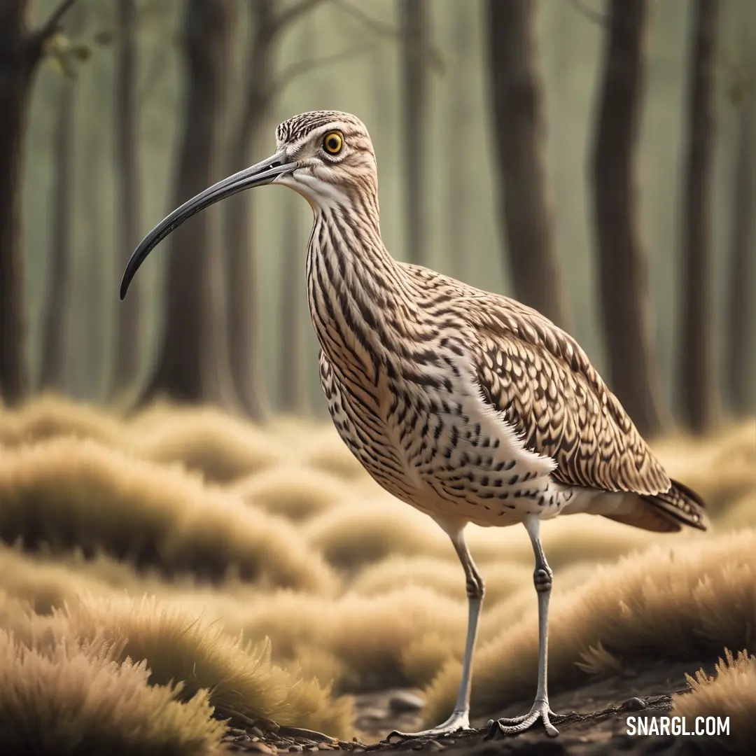 Curlew standing on a dirt road in a forest with grass and trees in the background