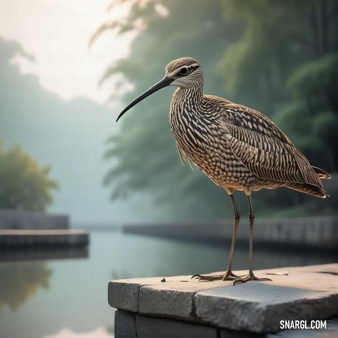 Curlew standing on a ledge near a body of water with trees in the background