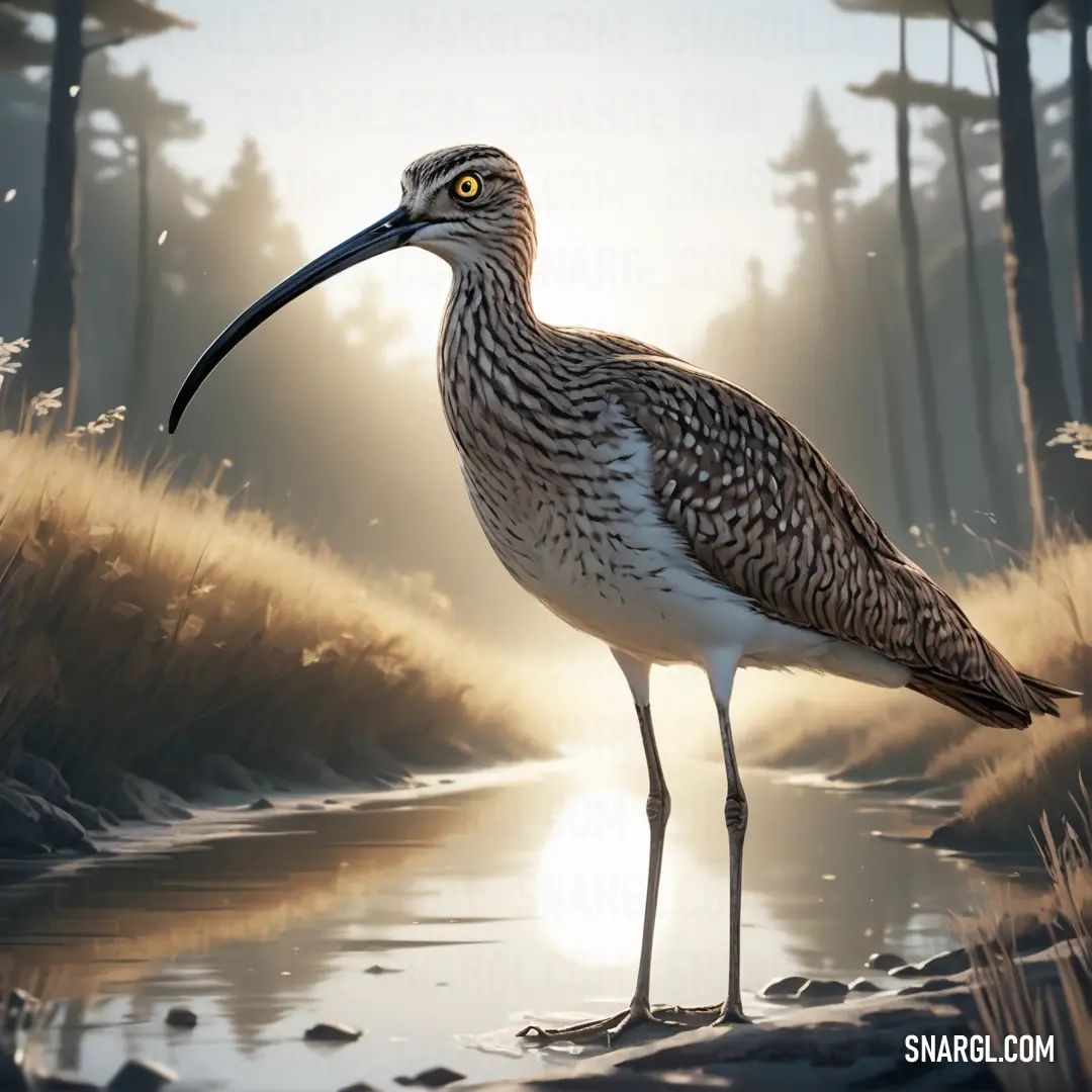 Curlew standing on a river bank in the sun light with a long beak