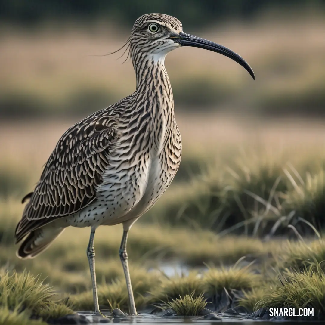 Curlew with a long beak standing in the grass near water and grass covered ground with a blurry background