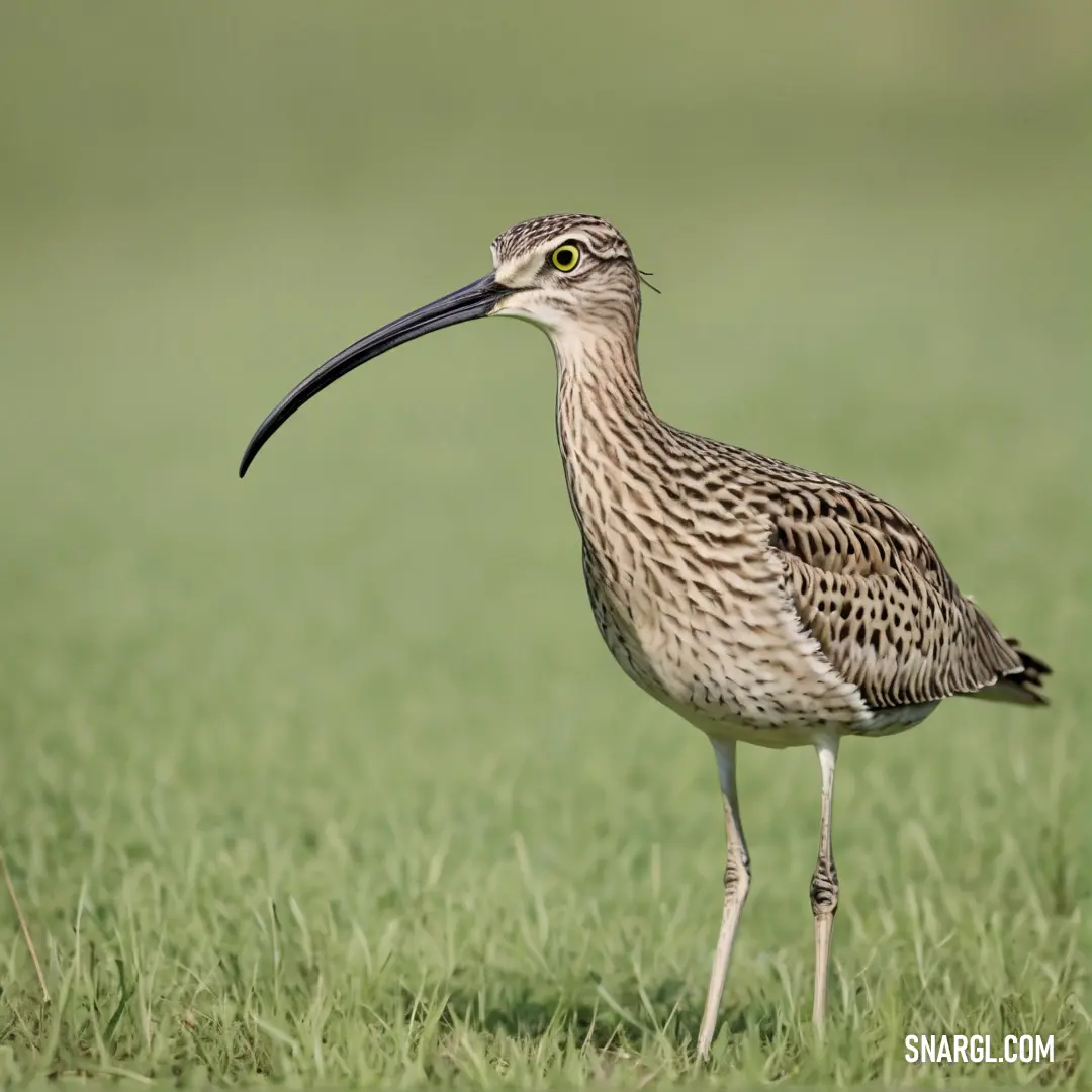 Curlew with a long beak standing in the grass with a long beak in its mouth and a long beak in its mouth