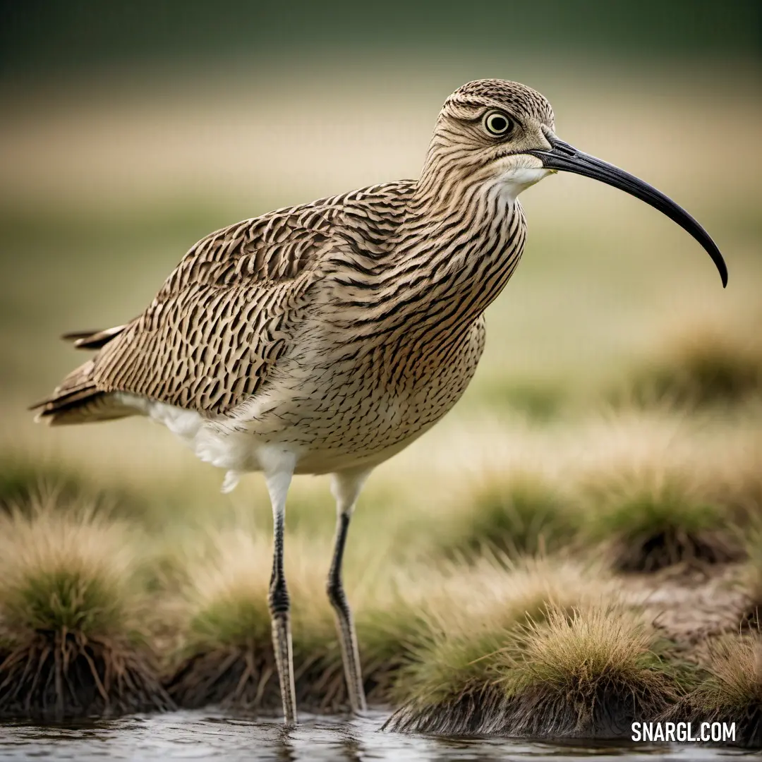 Curlew with a long beak standing in the water with grass in the background