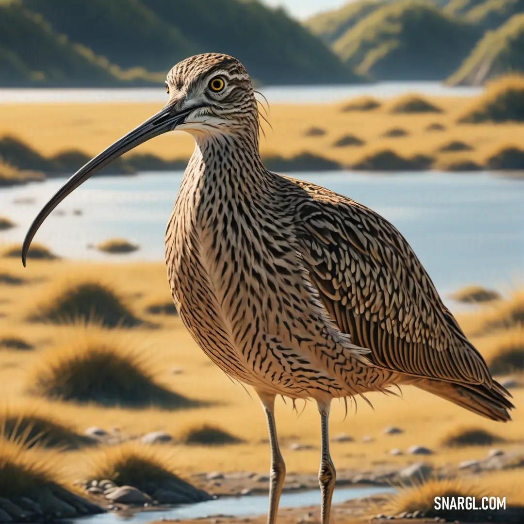 Curlew with a long beak standing on a beach near a body of water and mountains in the background
