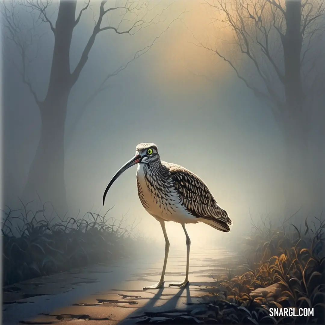 Curlew with a long beak standing on a path in the woods at night with a foggy sky
