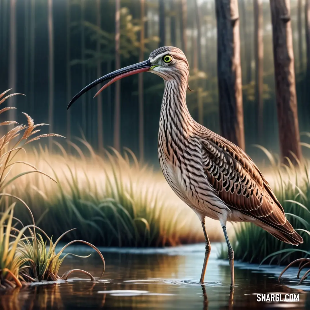 Curlew with a long beak standing in a pond of water near tall grass and trees in the background