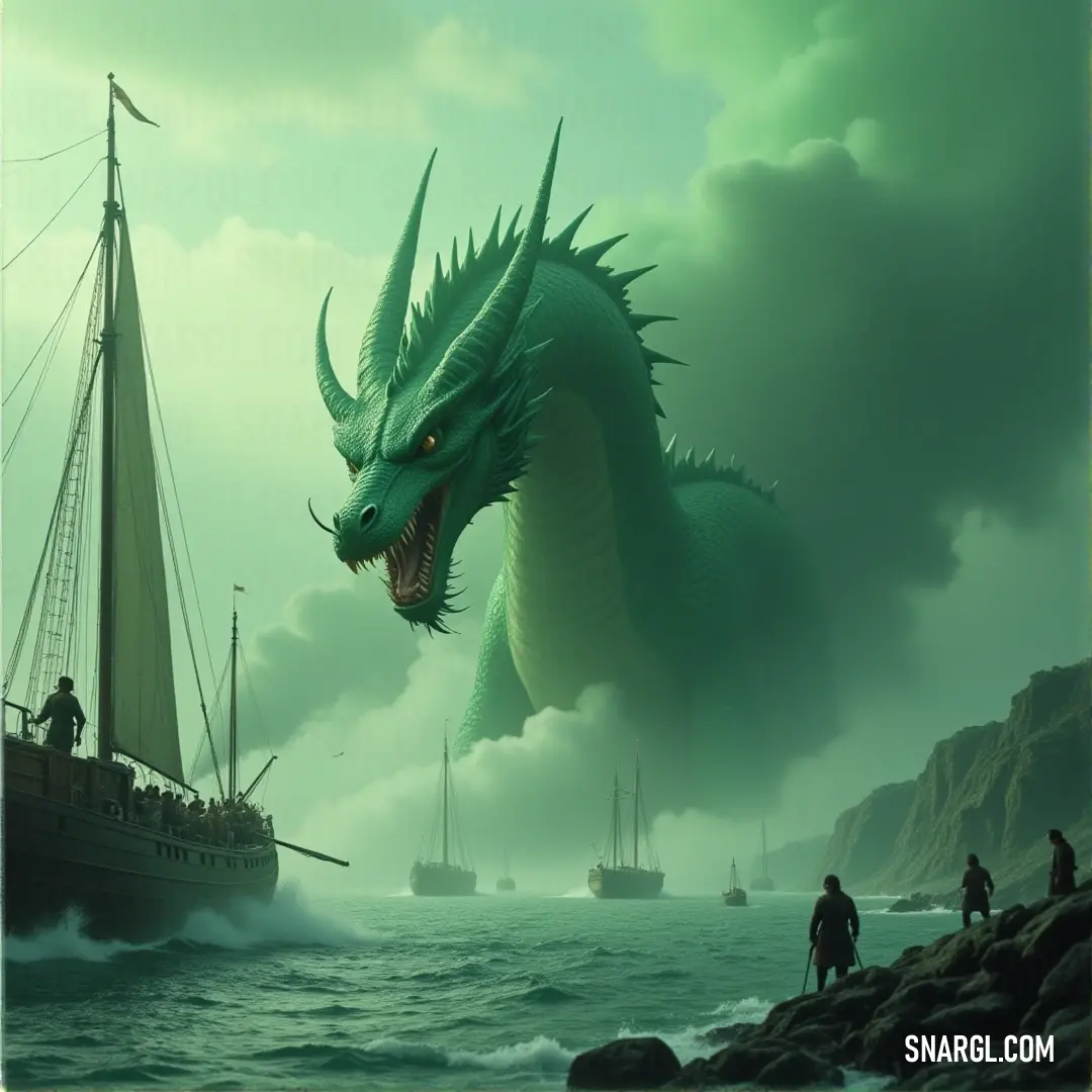 The Green Current Wyrm gracefully flies above the sea, its vibrant scales reflecting the sunlight, while a boat drifts peacefully below, caught in the wyrm's magnificent shadow. A sleek and powerful Green Current Wyrm soars high above the ocean, its serpentine body stretching in mid-flight as it casts an imposing shadow over a small boat below, which glides calmly through the waters beneath it.